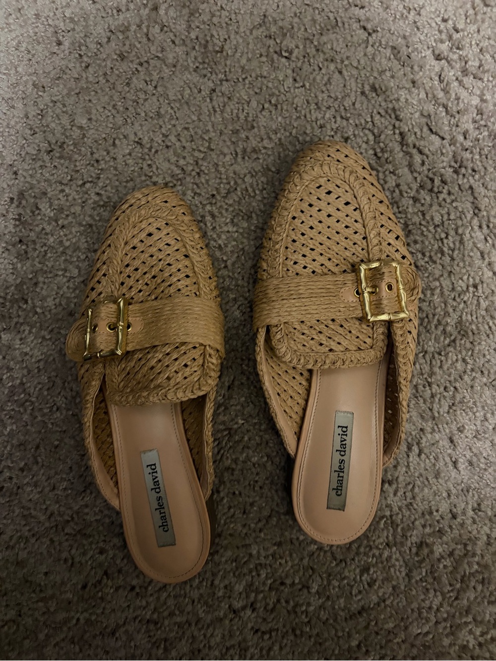 Charles David Tan Woven Slip-On Mules with Gold Buckle